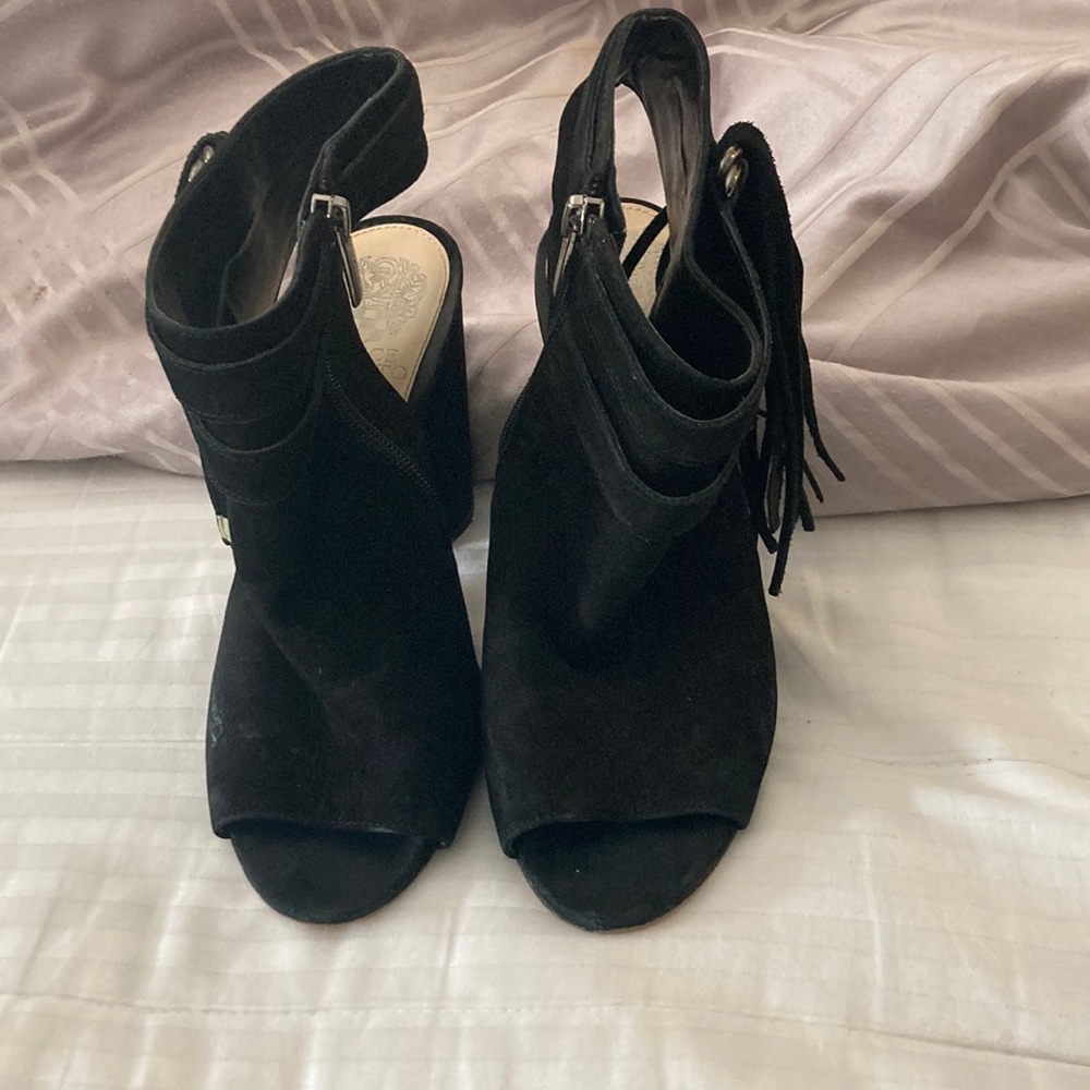 Vince camuto suede and leather open toe and back booties